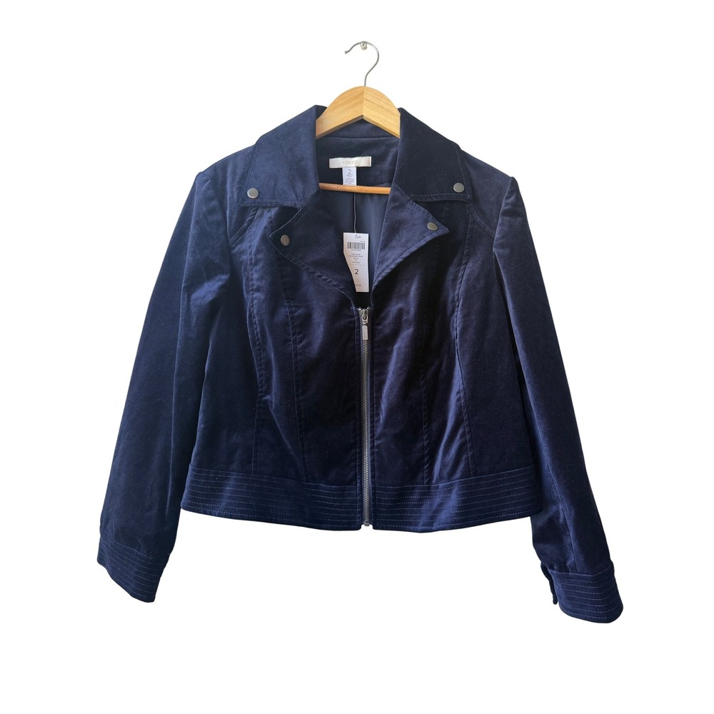 Chicos Size‎ 2 Moto Velvet Jacket Size L NWT Navy Blue Plush Short Velveteen - Picture 2 of 10